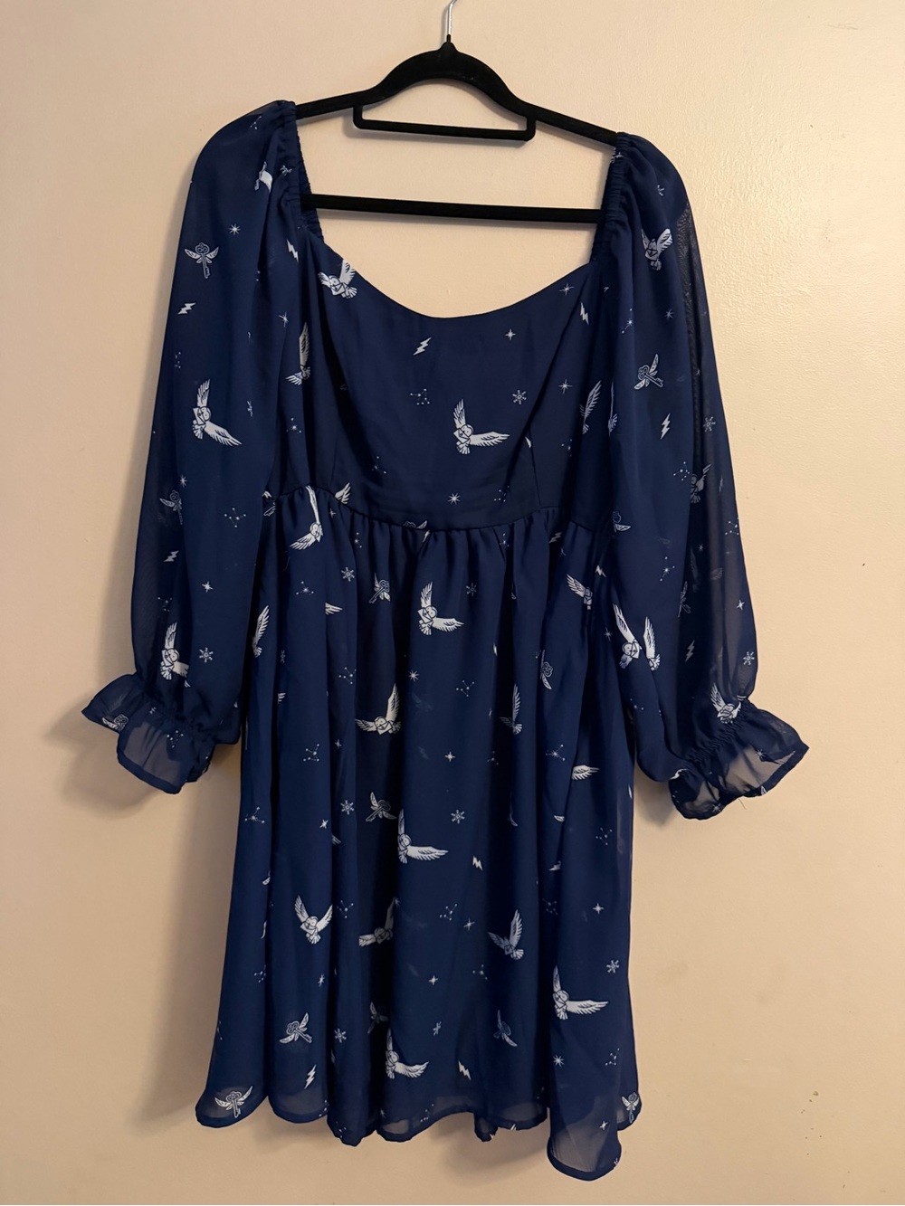 Navy Blue Harry Potter Puff-Sleeve  Dress with Bird Print